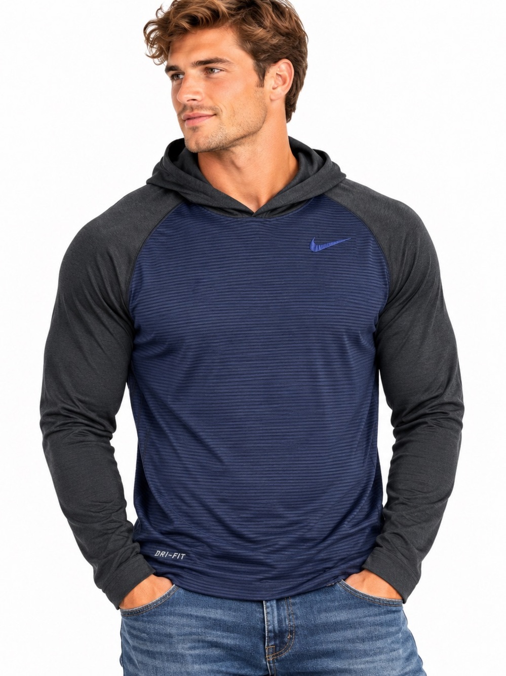 Nike Dri-FIT Thermal Stripe Hoodie Men's Blue & Black Size Large